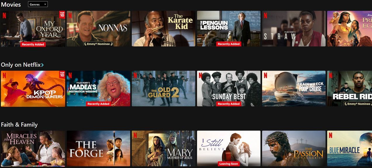 Netflix interface showcasing movie and TV show thumbnails. Dark background, various colorful movie posters are displayed.