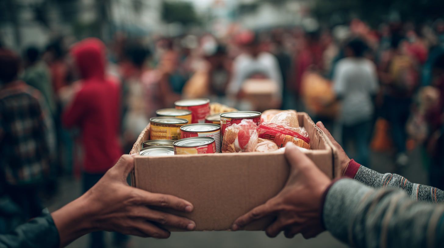 Hands holding a box of food items, likely a donation. Crowd of people in the background.