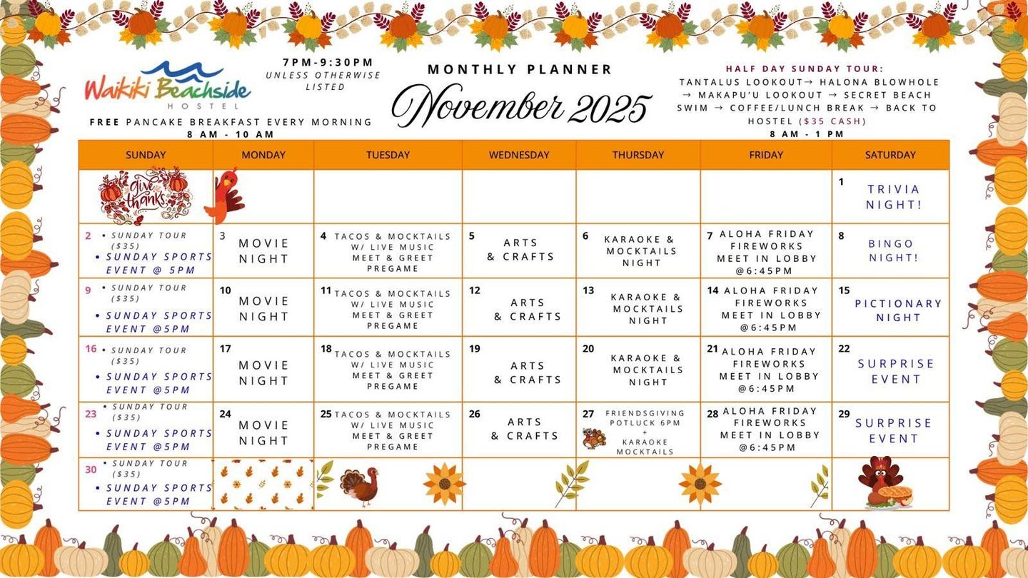 Calendar with events listed by day of the week, including movie night, bingo, arts and crafts.