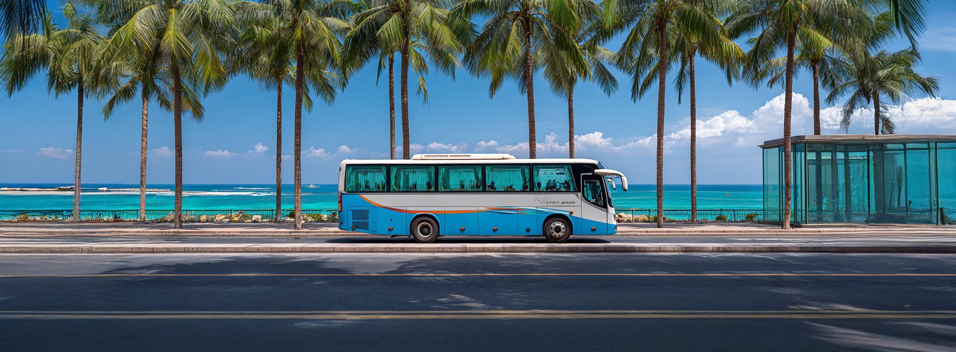 A light blue bus travels along a road beside the ocean with palm trees in the background.