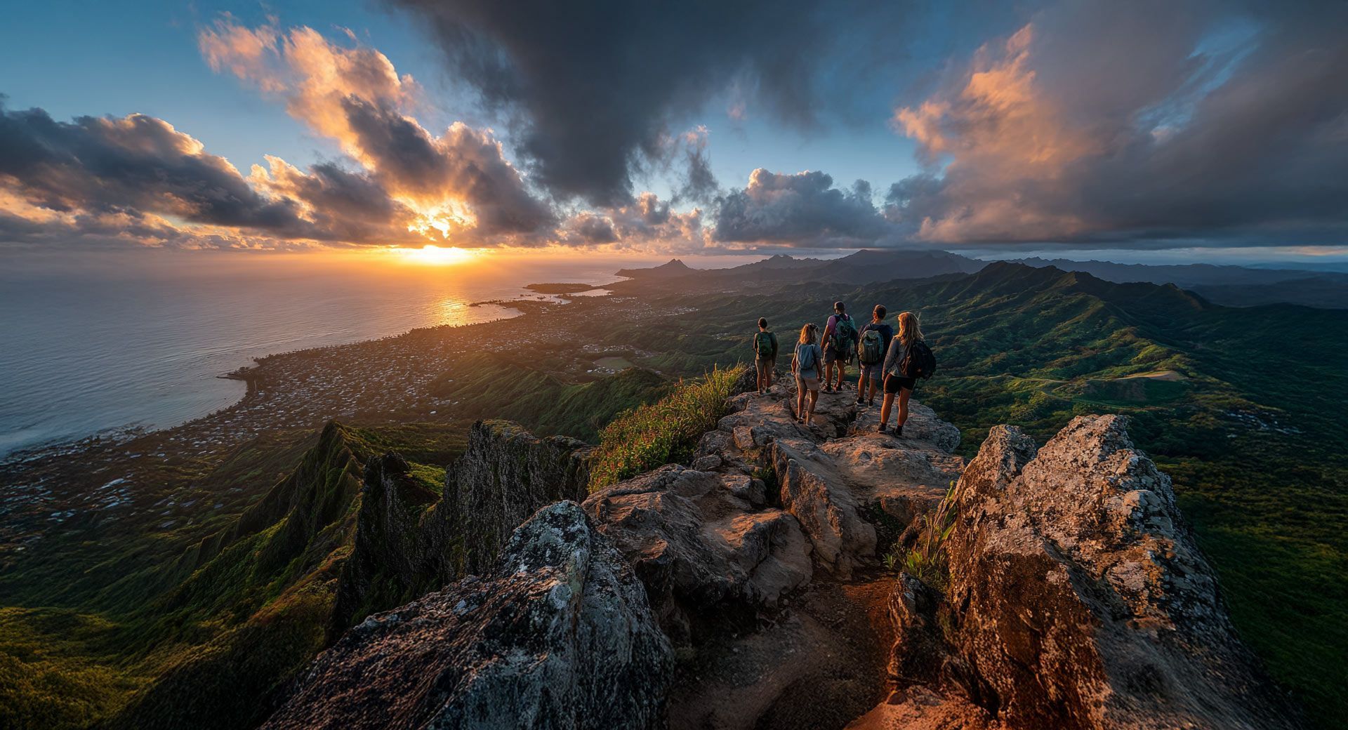 Hikers stand on a mountain ridge, overlooking a coastal landscape at sunset.