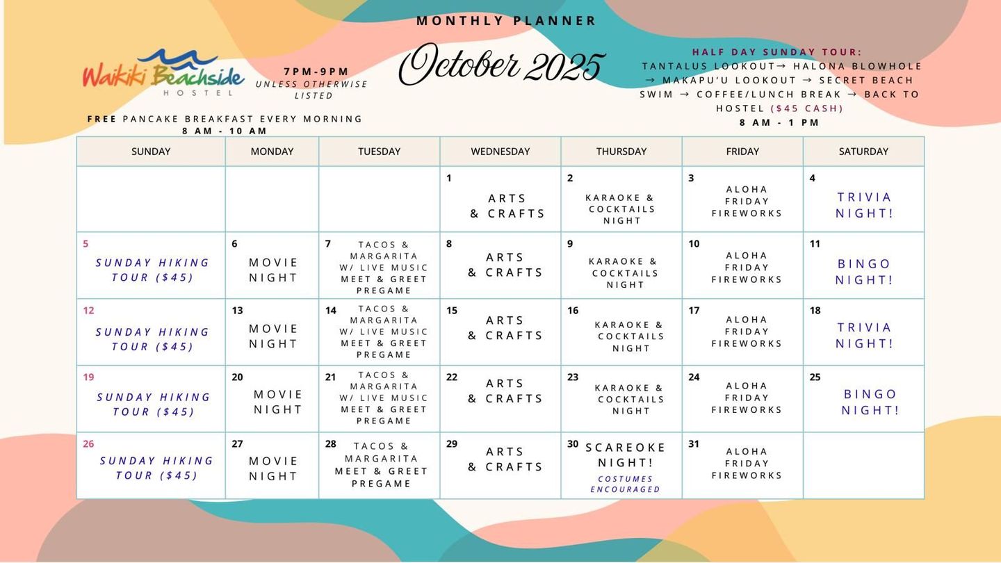 Calendar with events listed by day of the week, including movie night, bingo, arts and crafts.