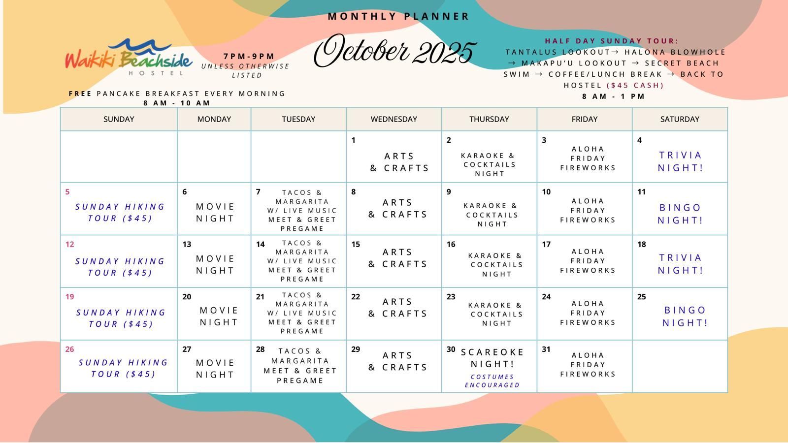 Calendar with events listed by day of the week, including movie night, bingo, arts and crafts.