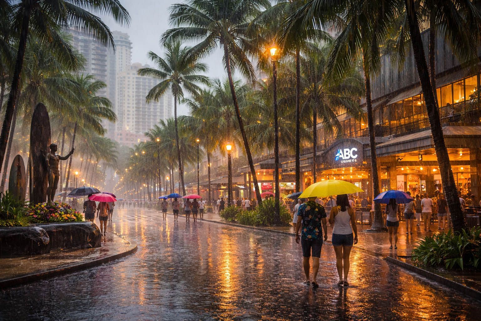 Rainy street in Waikiki, Hawaii, with palm trees, pedestrians with umbrellas, and illuminated shops.