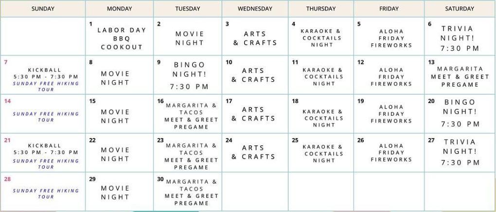 Calendar with events listed by day of the week, including movie night, bingo, arts and crafts.