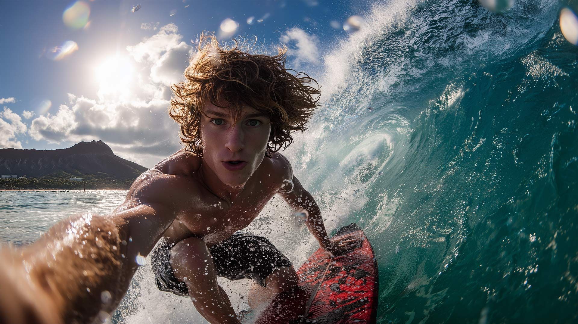 A surfer with curly hair takes a selfie while riding a large, turquoise ocean wave with a mountain in the background.
