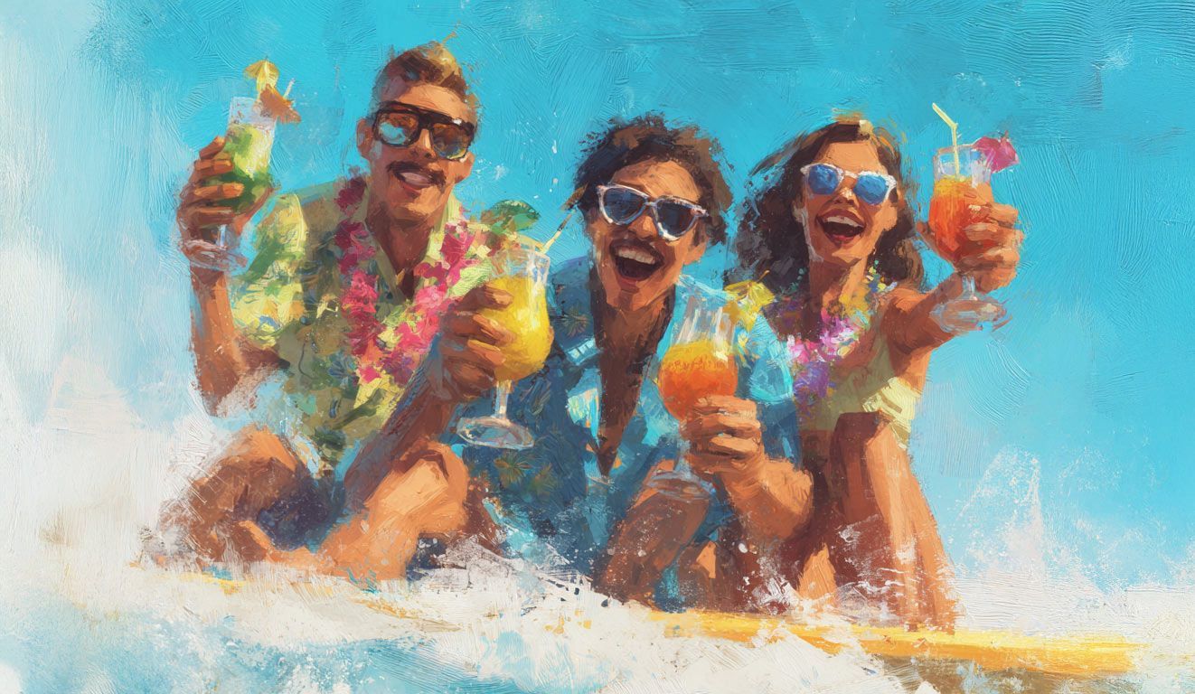 Three people on a surfboard, smiling, holding cocktails. Tropical shirts, sunglasses, leis, ocean backdrop.