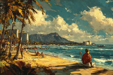 A painting of a man sitting on the beach looking at the ocean.