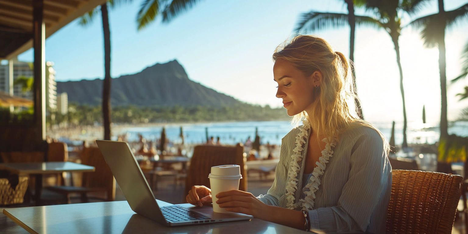 A woman is sitting at a table with a laptop and a cup of coffee.