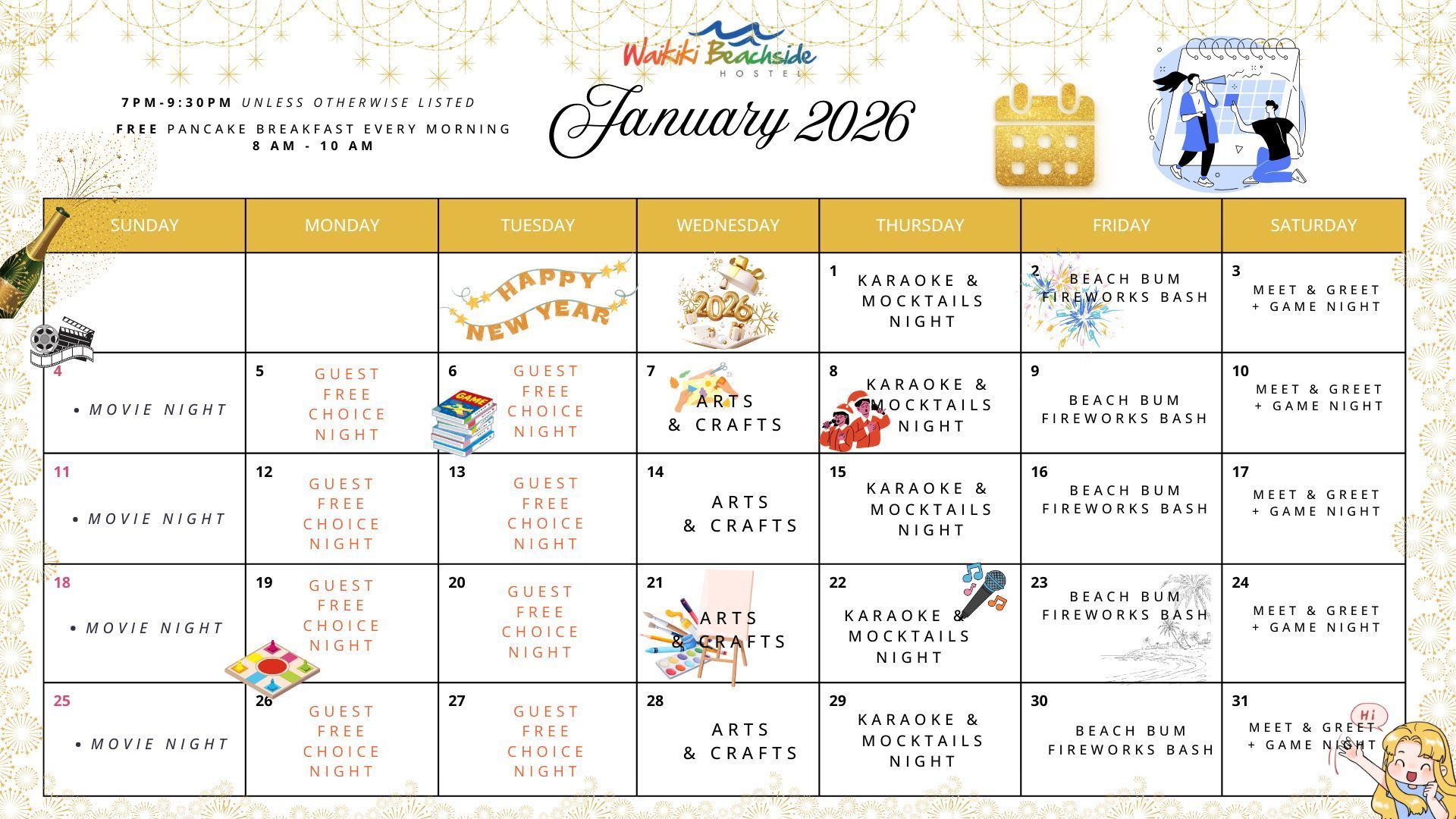 Calendar with events listed by day of the week, including movie night, bingo, arts and crafts.