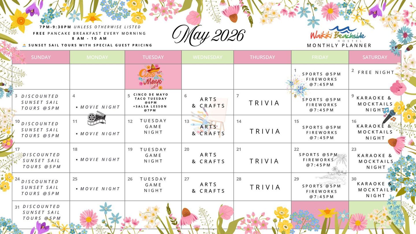 Calendar with events listed by day of the week, including movie night, bingo, arts and crafts.