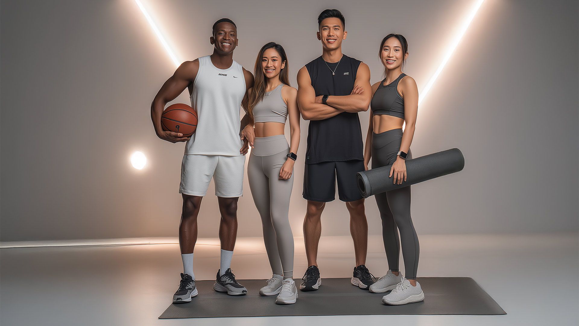 Four diverse fitness trainers pose in a gym, each holding workout gear.