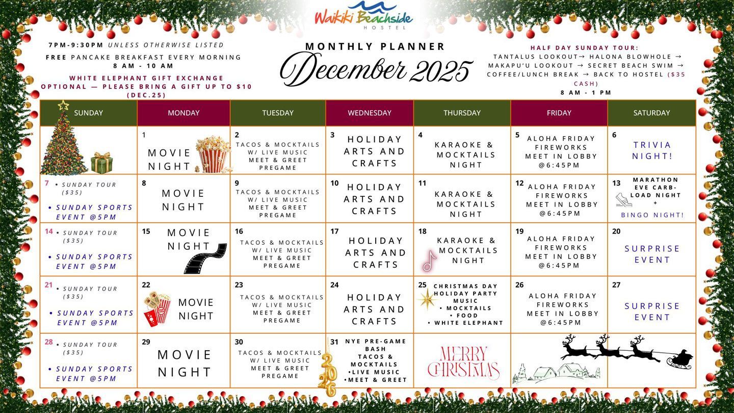 Calendar with events listed by day of the week, including movie night, bingo, arts and crafts.