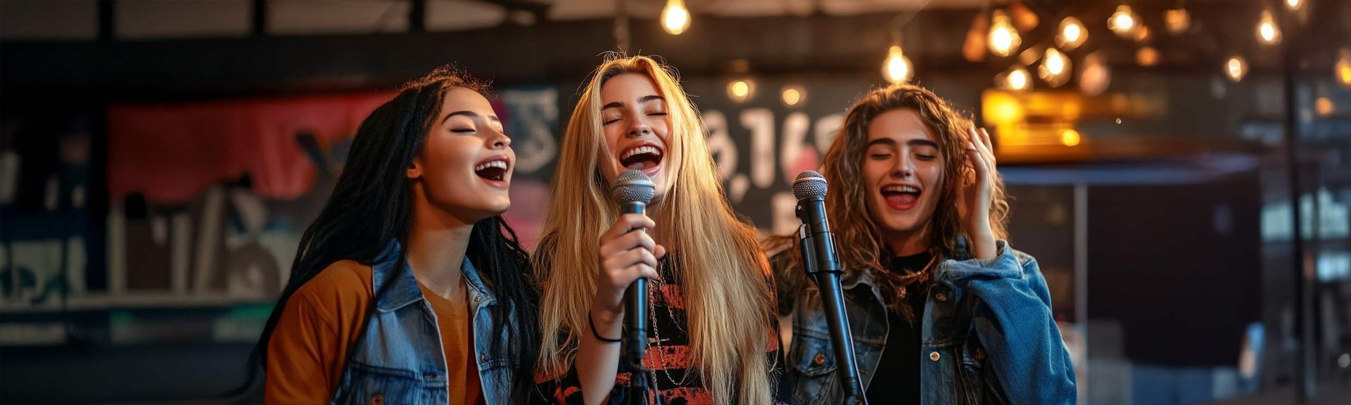 Three young women are singing into microphones in a bar.