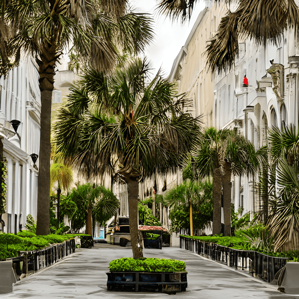 Palm-lined street with ornate buildings. Center palm tree in planter. Bus in distance.