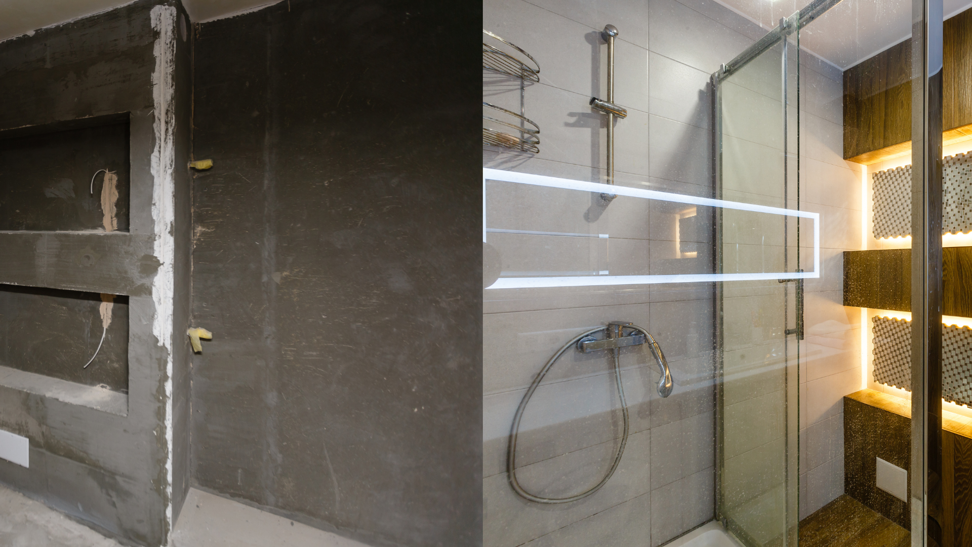 A before and after picture of a bathroom with a shower stall.