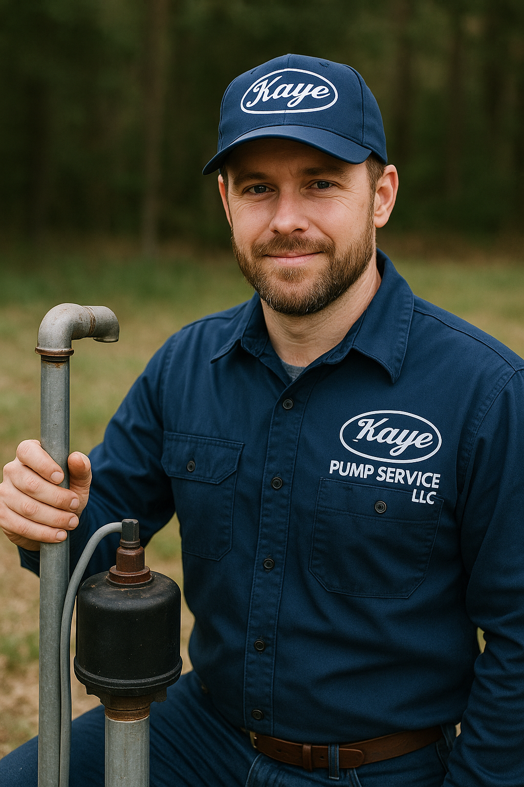 A man in a blue shirt and hat is holding a pipe.