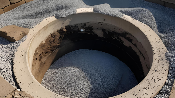 A concrete ring is sitting on top of a pile of gravel.