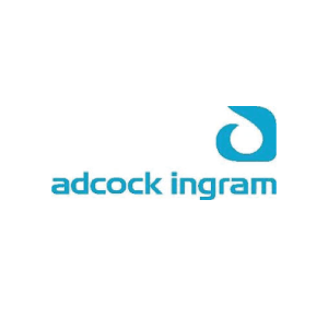 Blue Adcock Ingram logo: text and abstract shape.