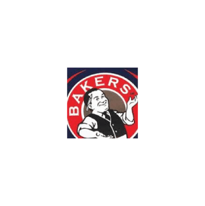 Logo of Baker's biscuits: smiling man in a vest, red circle with 