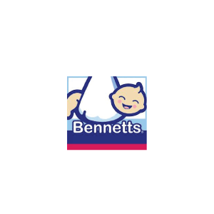 Bennetts logo: Smiling baby in a white diaper, blue and pink background, text 