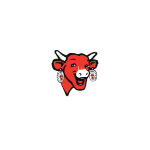 Smiling red cow wearing earrings.