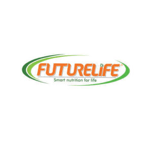 Logo for FutureLife. The text is orange with a green outline, set against a green oval 