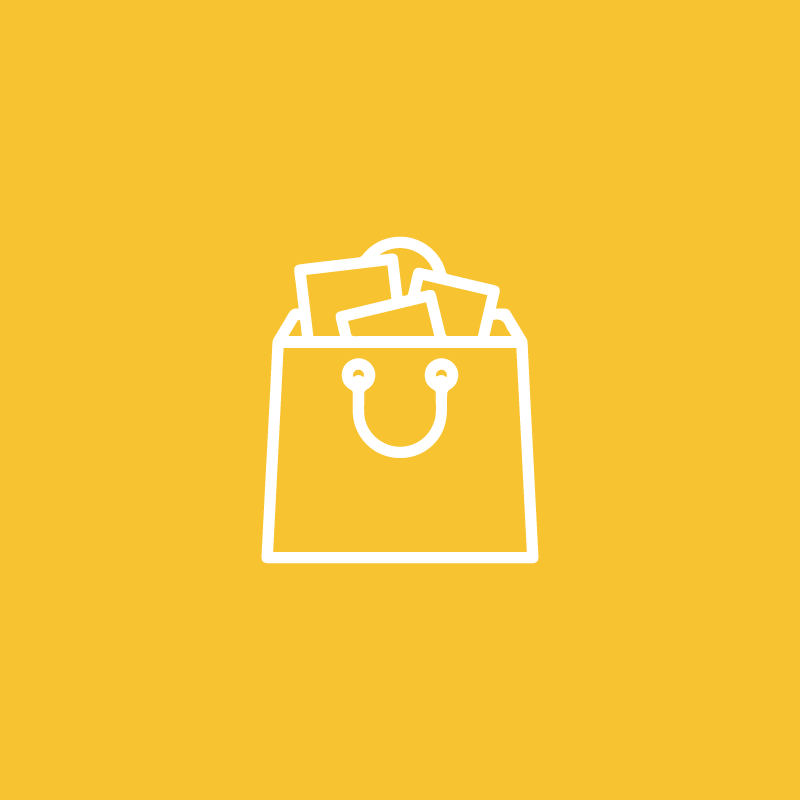White shopping bag icon filled with rectangles on yellow background.