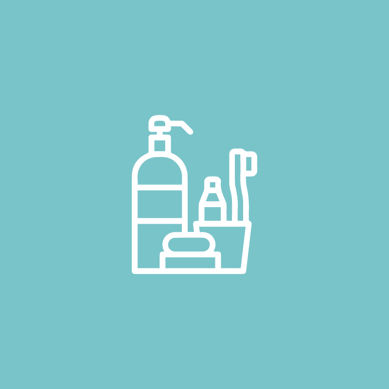White outline of toiletries, including soap, shampoo, and toothbrush, on a turquoise background.