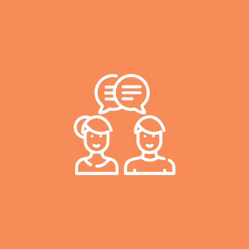 Two outlined figures, a man and a woman, communicating with speech bubbles above their heads on an orange background.