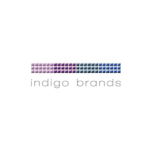 Indigo Brands logo: Square gradient bar, shades of purple to blue. Text 