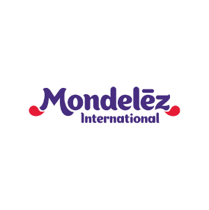 Mondelez International logo in purple, with red accents on a white background.
