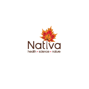 Logo for Nativa: Brown text with a maple leaf on top. Text below reads 