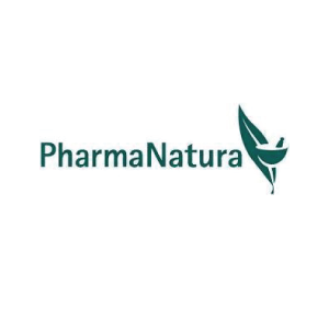 PharmaNatura logo: green text and leaf with mortar and pestle symbol on white background.