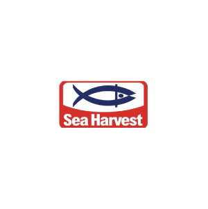 Sea Harvest logo: blue fish icon inside a red rectangle, with 