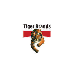 Tiger Brands logo: A tiger walks forward with a red banner behind it, white background.