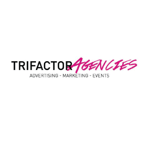Logo for Trifactor Agencies, text in black and pink. Includes 