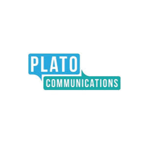 Logo for Plato Communications: Blue and teal speech bubbles with 