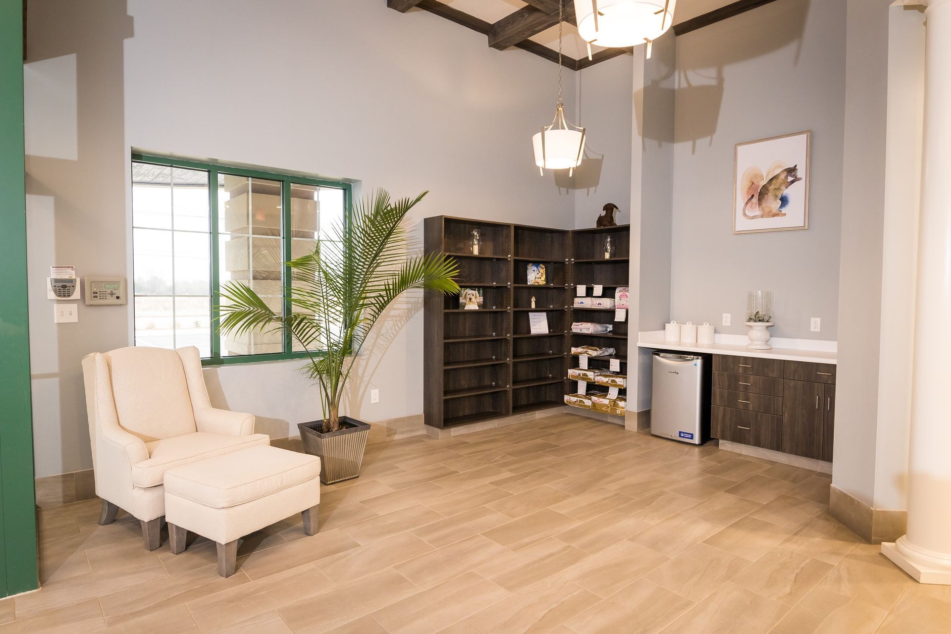 Spacious, modern room with armchair, shelving, potted plant, and window. Cream, brown, and green tones.