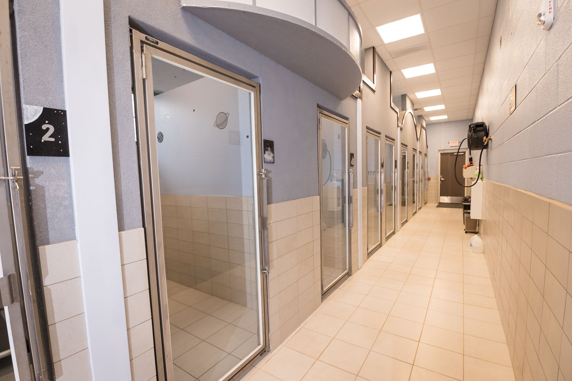 Hallway with glass-door rooms, likely a pet boarding facility. White and gray walls, tiled floor, and overhead lighting.