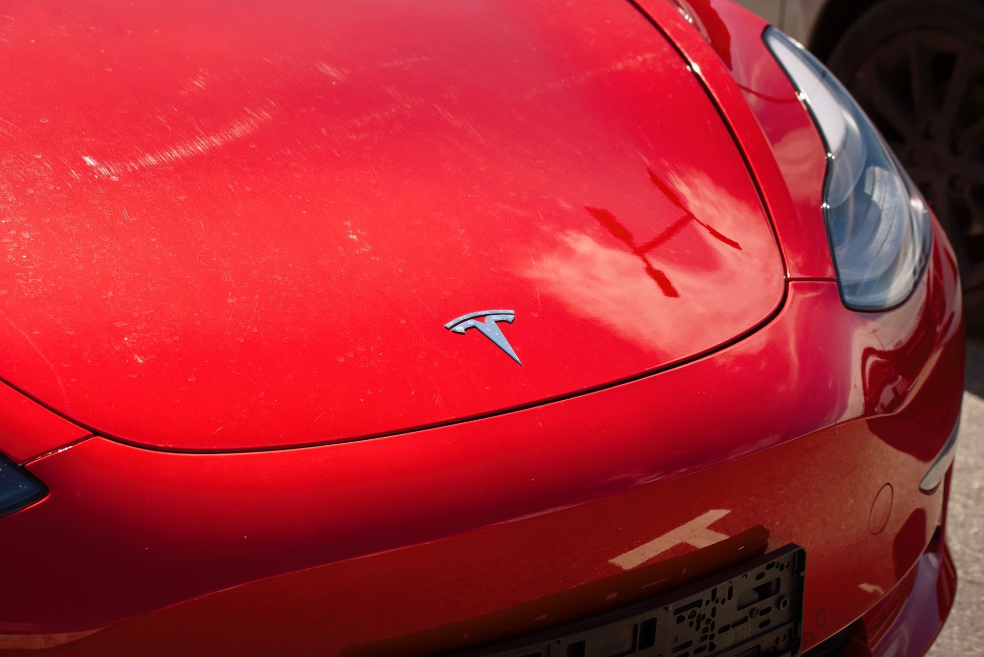 The front hood and headlight of a red Tesla car featuring the silver company logo.