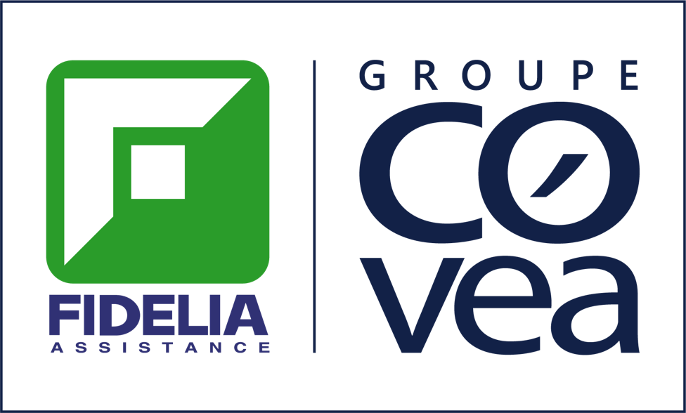 Logo : Fidélia Assistance (carré vert) et Groupe Covea (texte bleu).