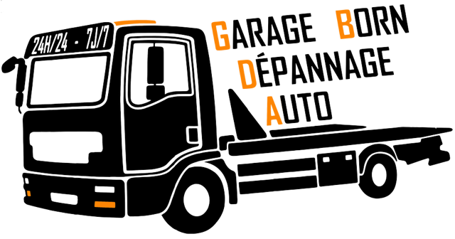 Logo de dépanneuse noire avec les mots « GARAGE BORN DÉPANNAGE AUTO ».