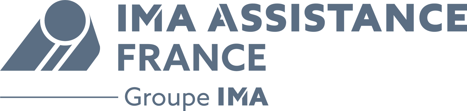 Logo d'IMA Assistance France, avec le Groupe IMA. Texte et graphisme gris sur fond blanc.