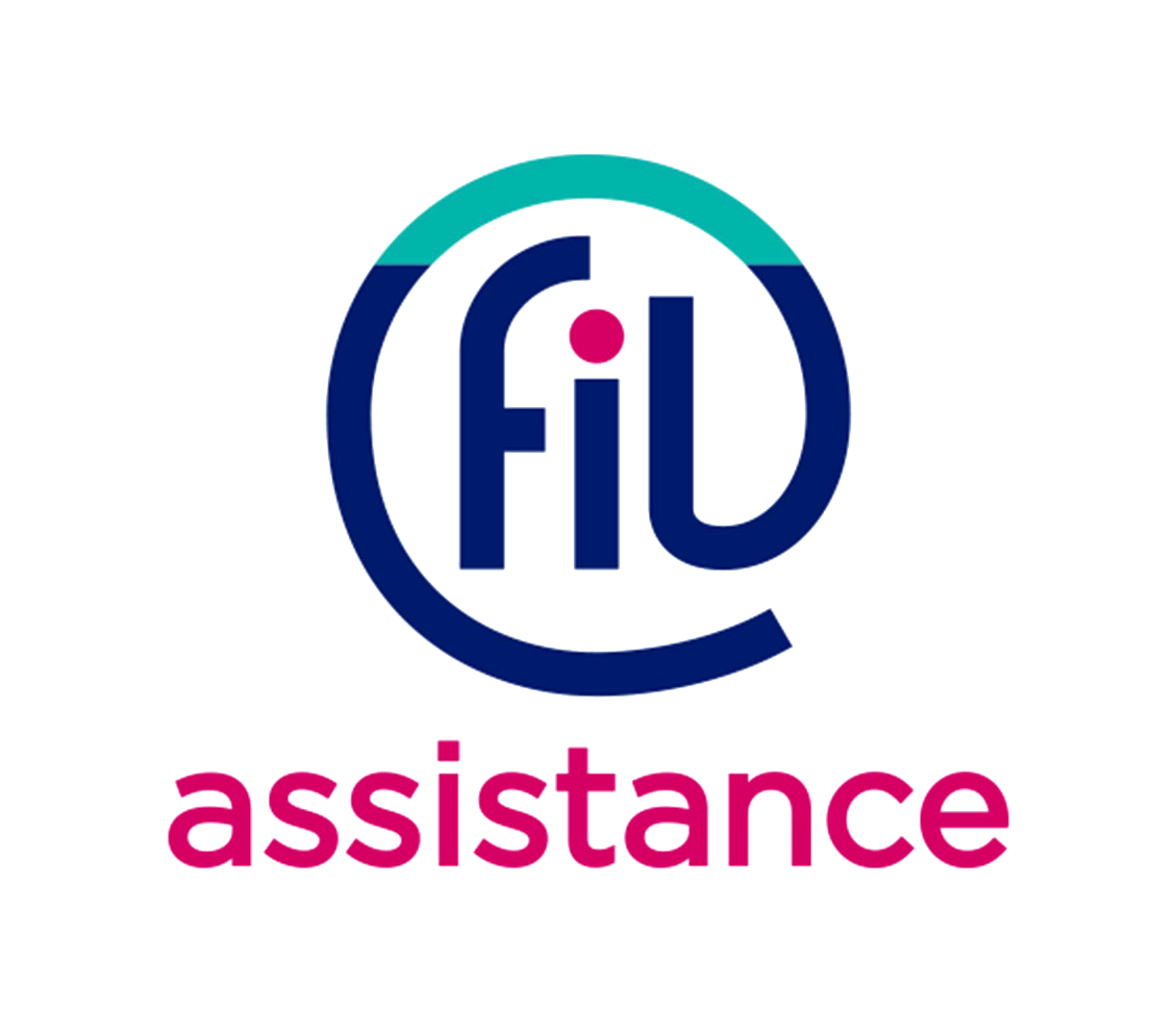 Logo pour « fil assistance » avec un cercle bleu et turquoise et un texte rose.