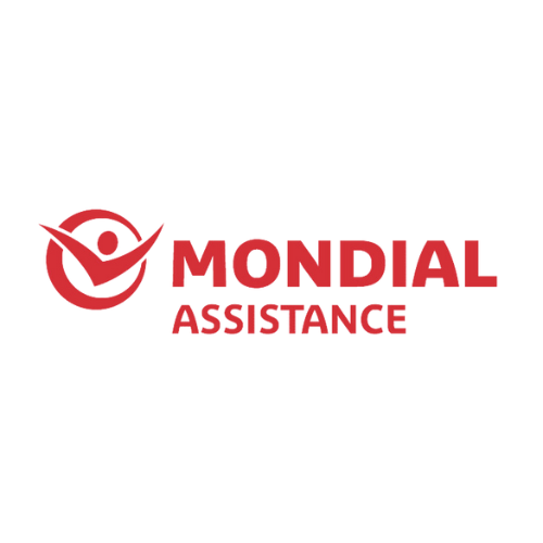 Logo rouge pour « Mondial Assistance » avec un dessin représentant une personne à l'intérieur d'un cercle.