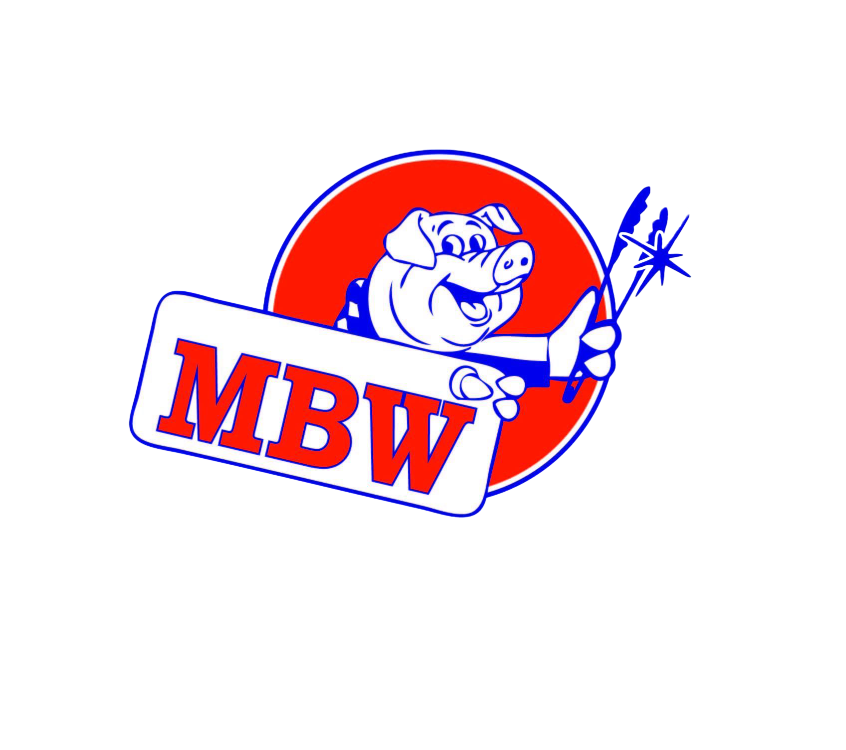 Logo featuring a smiling pig holding tongs over a red circle, with 