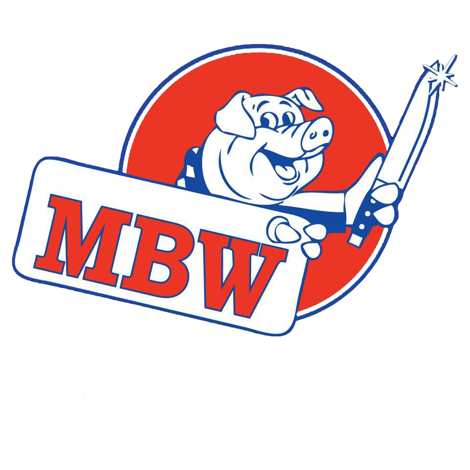 Logo: Smiling pig holding a glowing knife, red circle, 