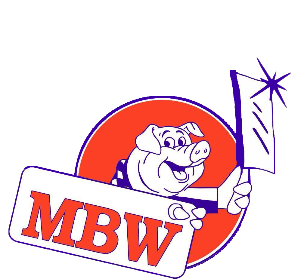 Smiling pig butcher holding cleaver; 