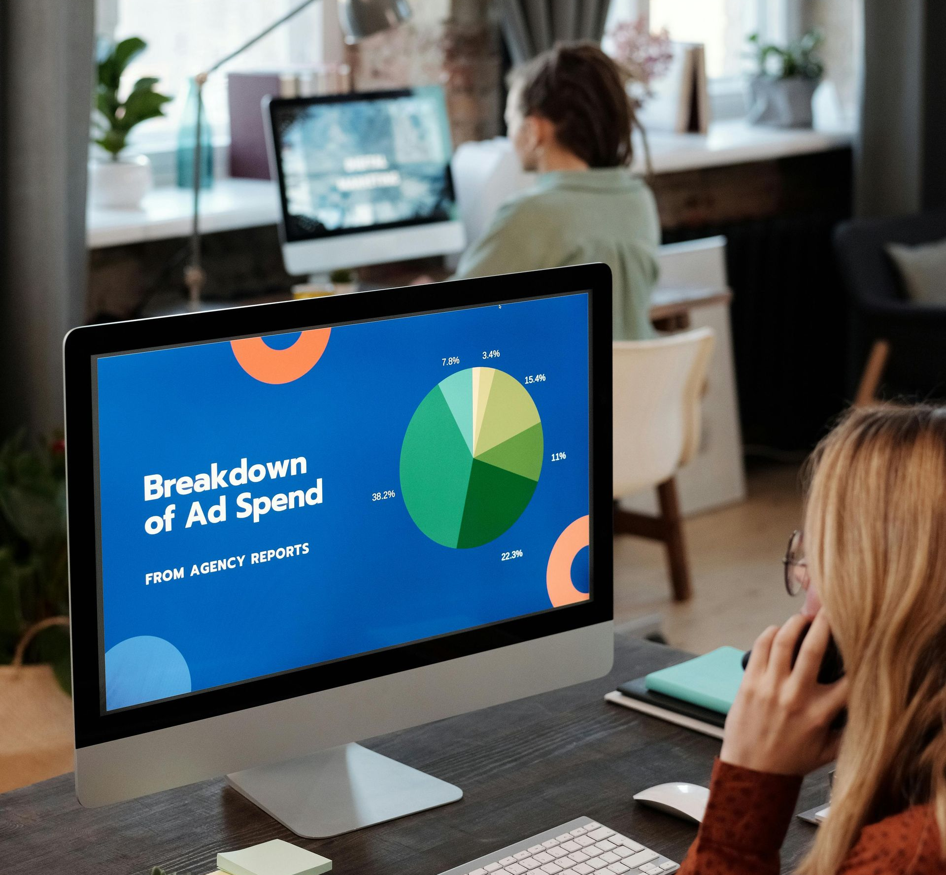 computer showing pie chart with the words breakdown of ad spend